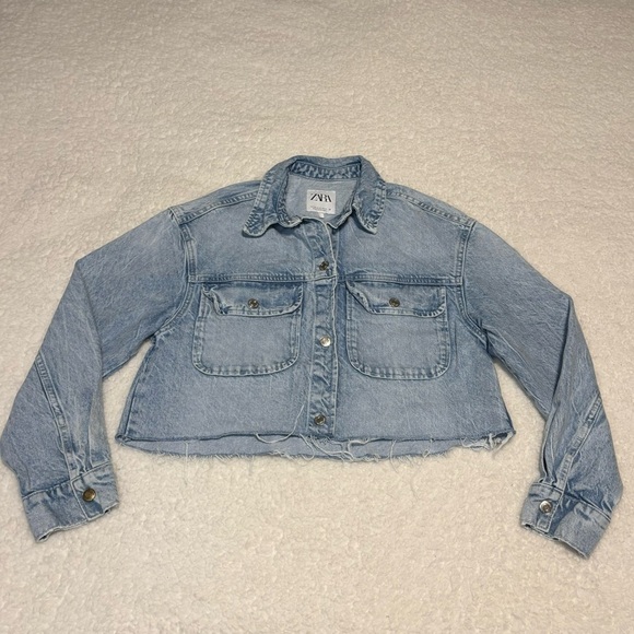 Zara Women Blue Light Wash Denim Crop Jacket - Picture 1 of 11